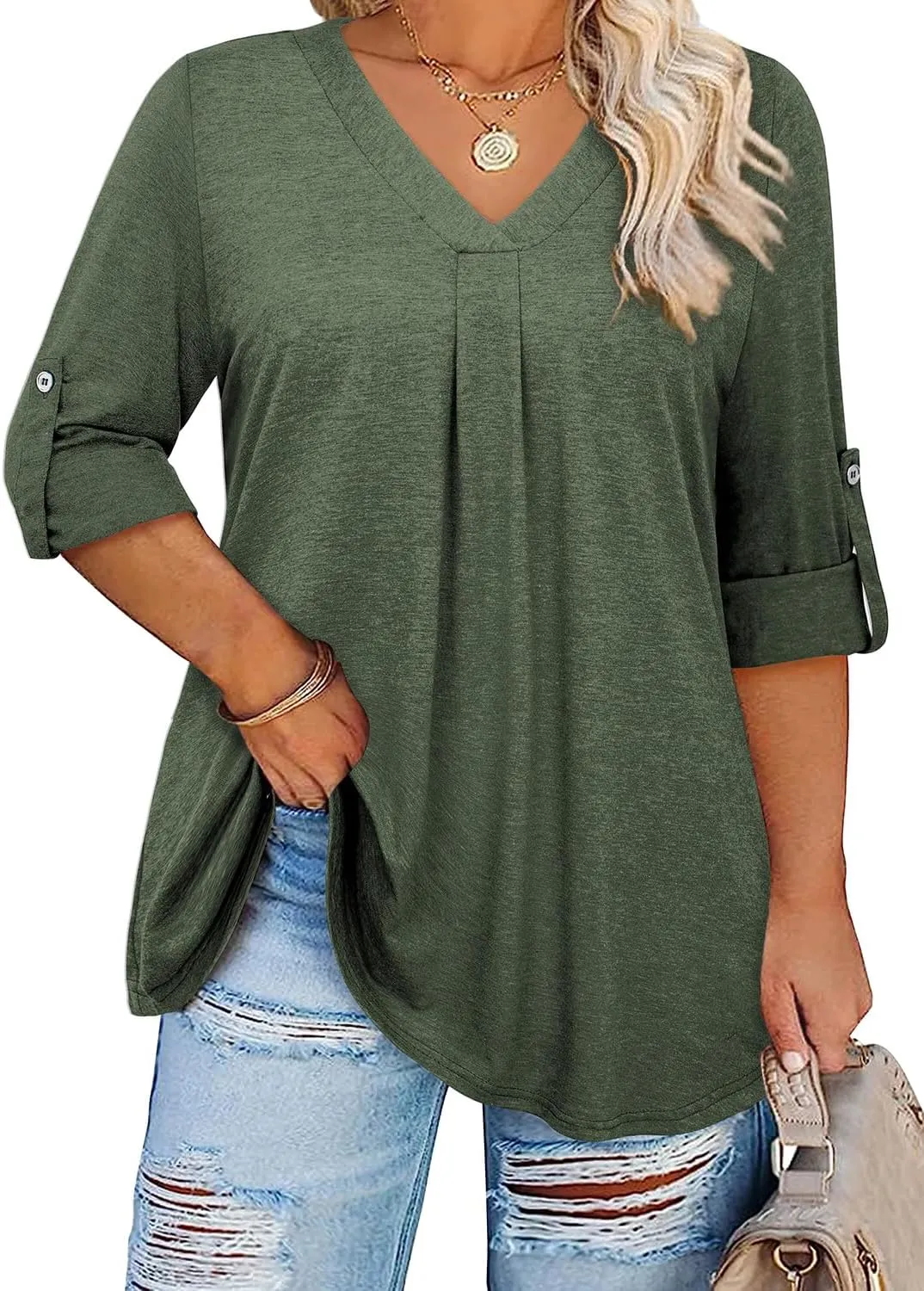 Siddhe Plus Size Tops for Women 3/4 Sleeve Shirts V Neck Blouses Tunic Top Spring Summer 2025