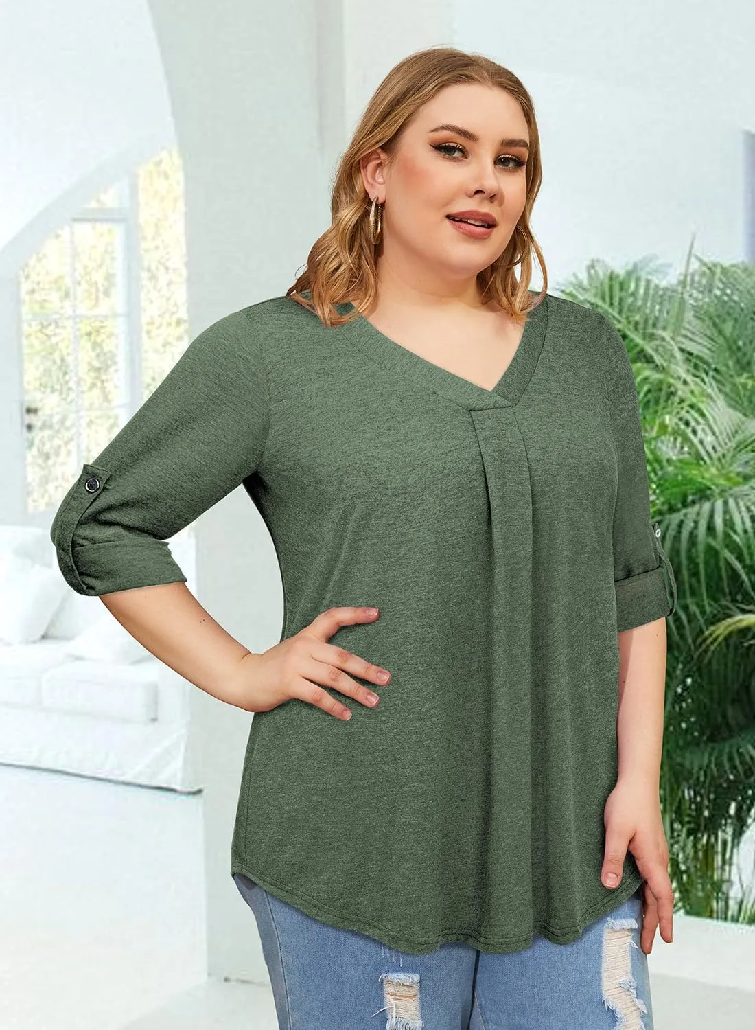 Siddhe Plus Size Tops for Women 3/4 Sleeve Shirts V Neck Blouses Tunic Top Spring Summer 2025
