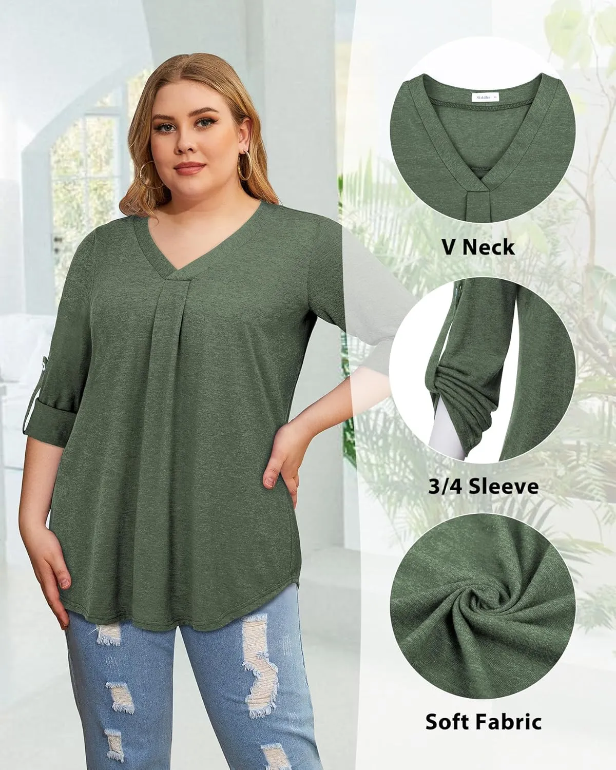 Siddhe Plus Size Tops for Women 3/4 Sleeve Shirts V Neck Blouses Tunic Top Spring Summer 2025