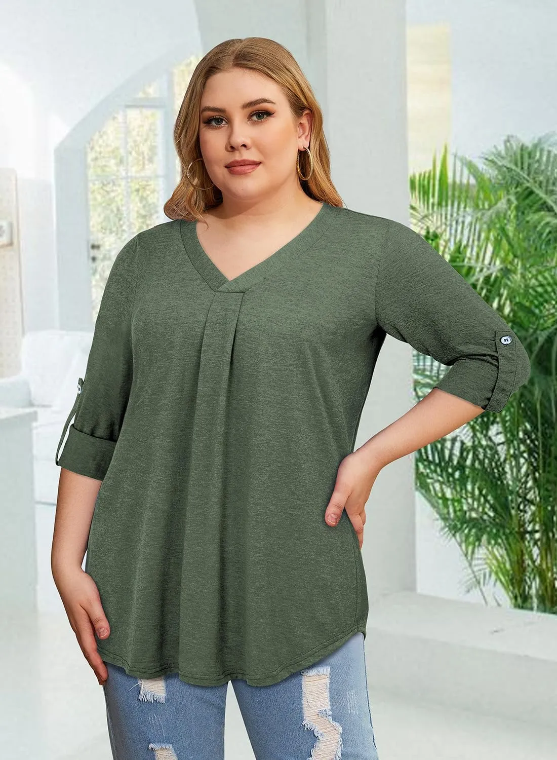 Siddhe Plus Size Tops for Women 3/4 Sleeve Shirts V Neck Blouses Tunic Top Spring Summer 2025
