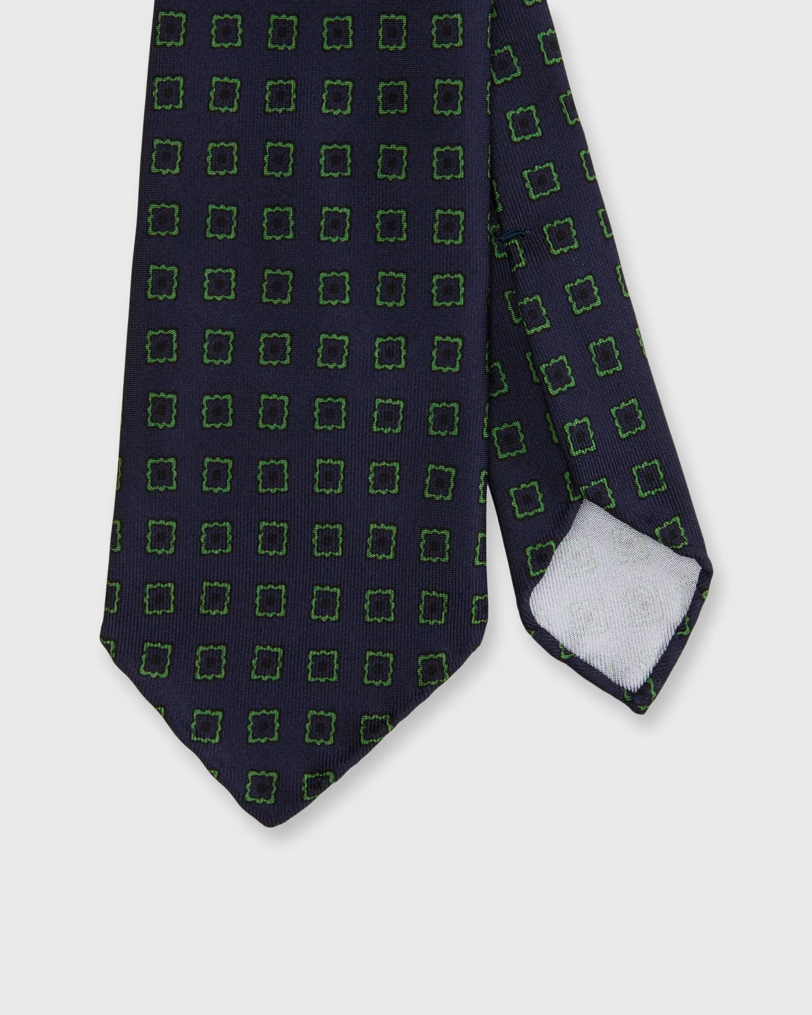 Silk Print Tie in Navy/Fern Diamond