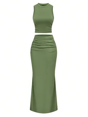 Solid Color Ruched Camisole & Mermaid Hem Skirt Set For Summer