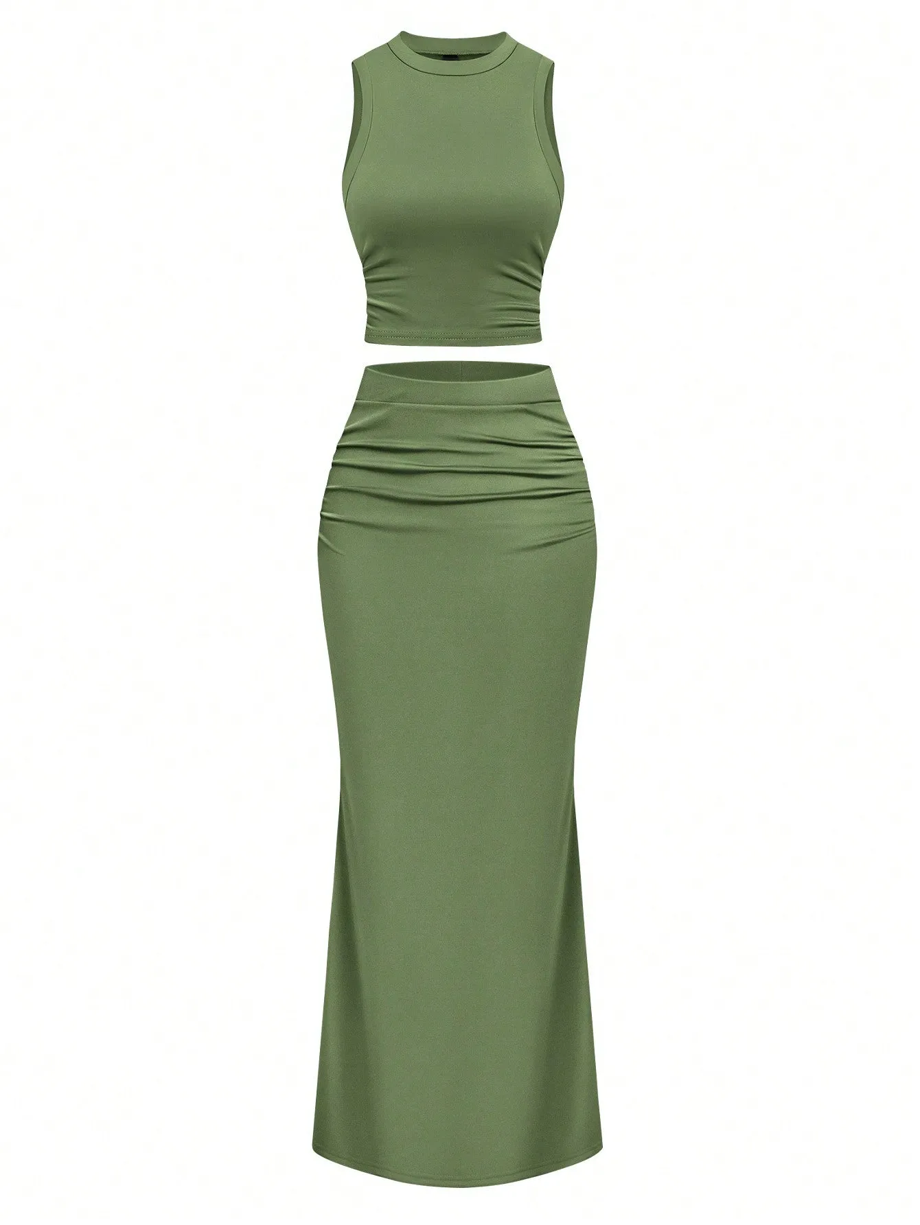 Solid Color Ruched Camisole & Mermaid Hem Skirt Set For Summer