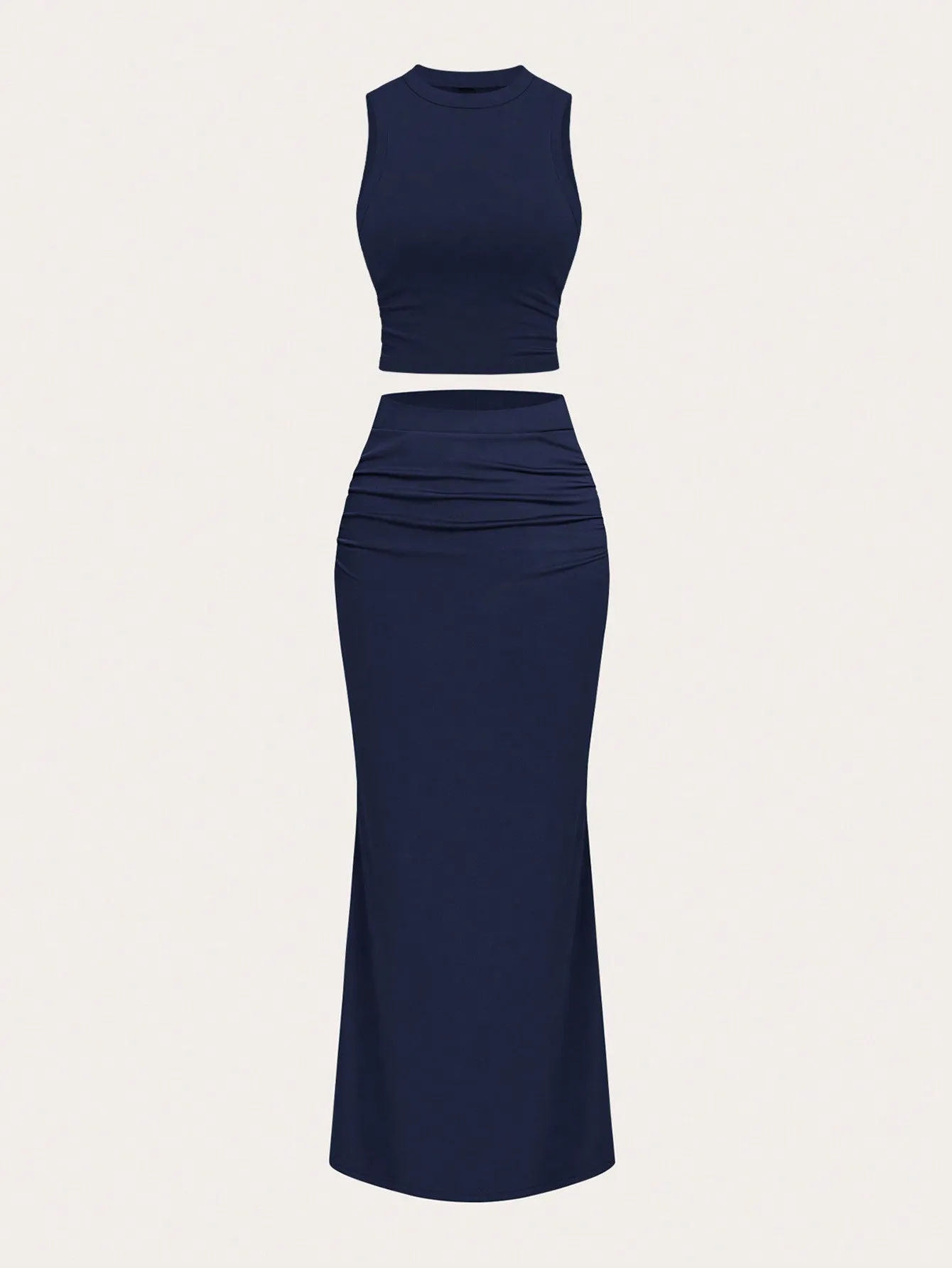 Solid Color Ruched Camisole & Mermaid Hem Skirt Set For Summer