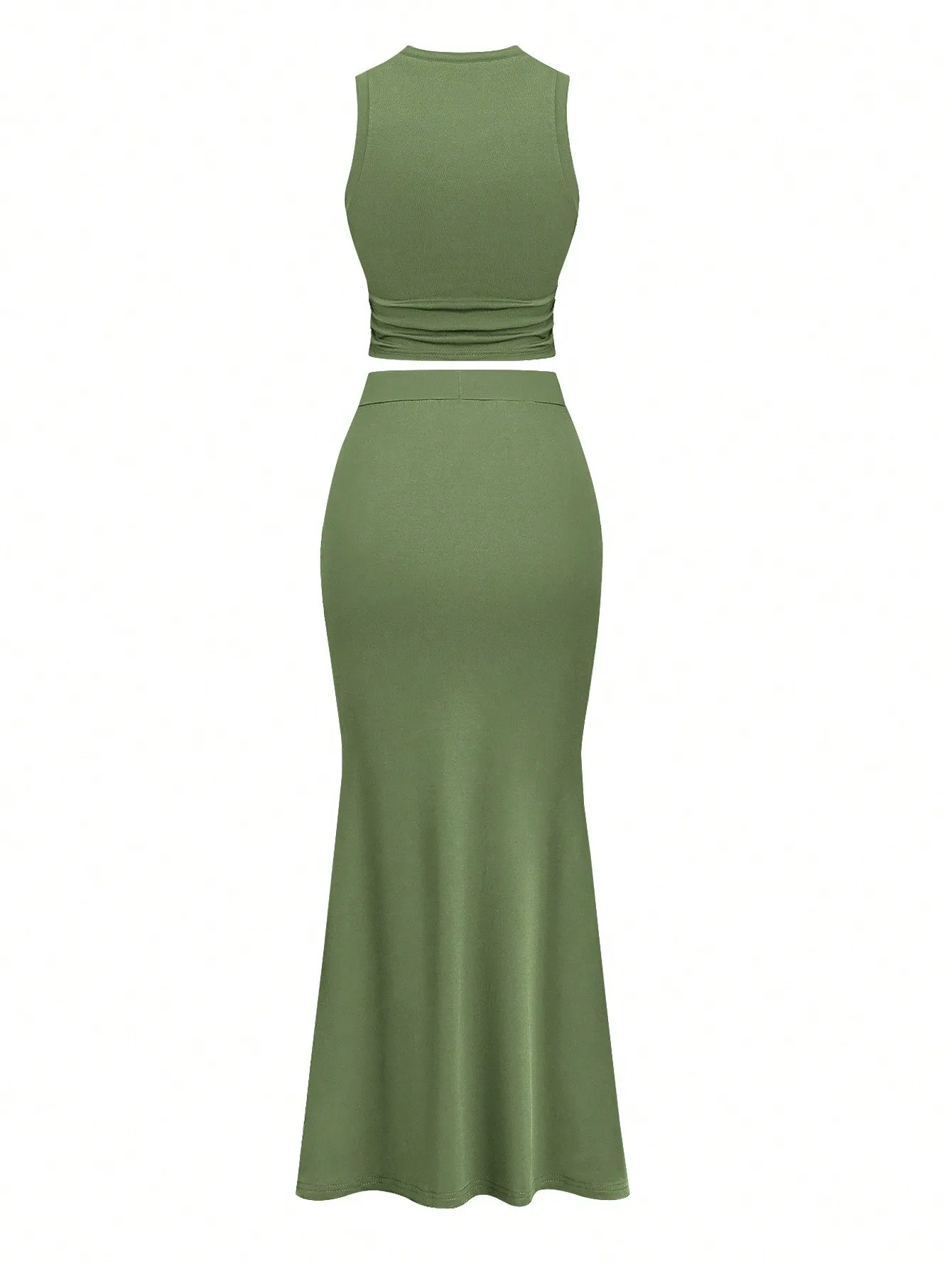 Solid Color Ruched Camisole & Mermaid Hem Skirt Set For Summer