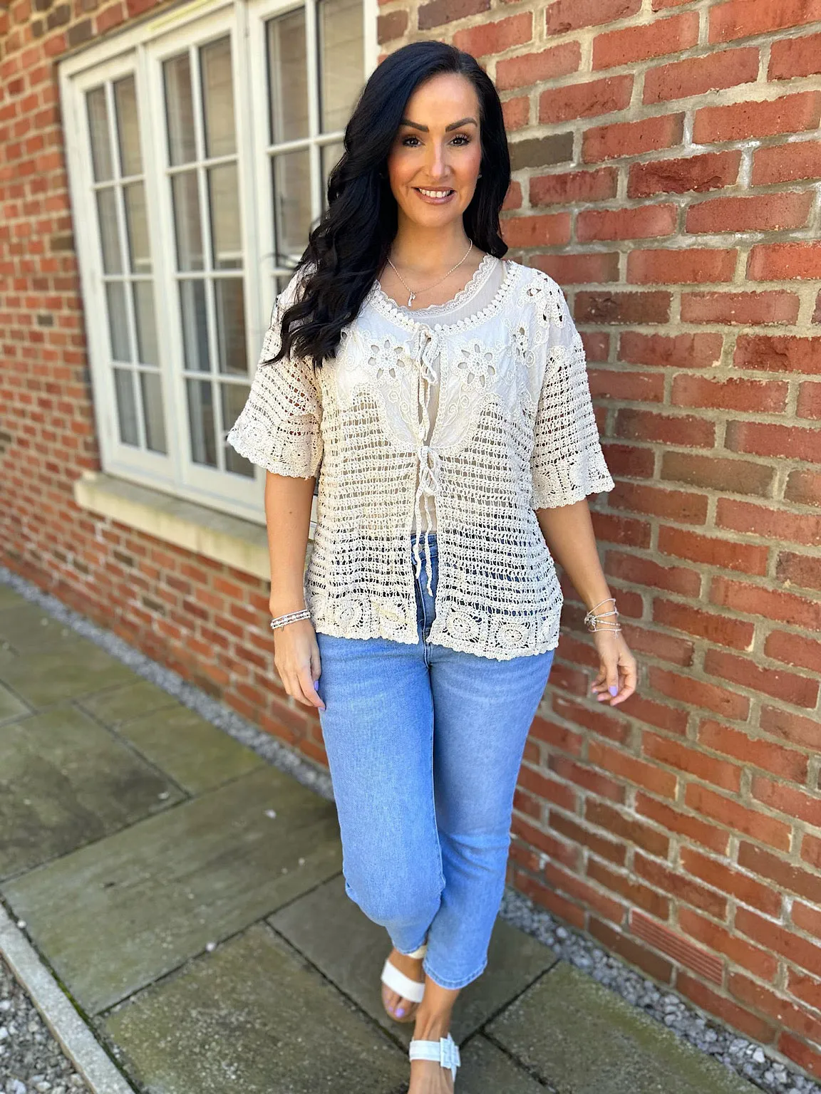 Stone Crochet Tie Front Cardi Tina