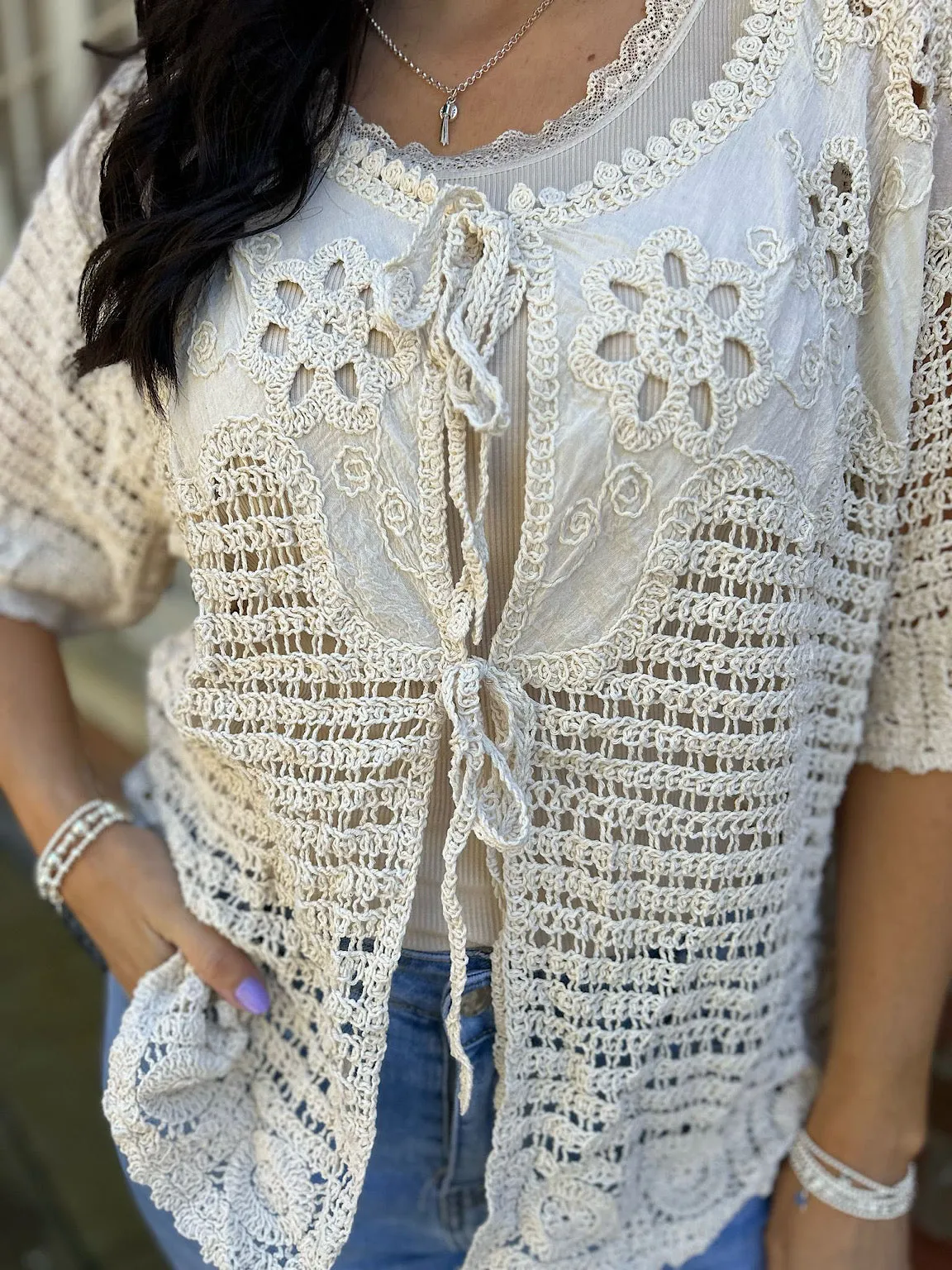 Stone Crochet Tie Front Cardi Tina