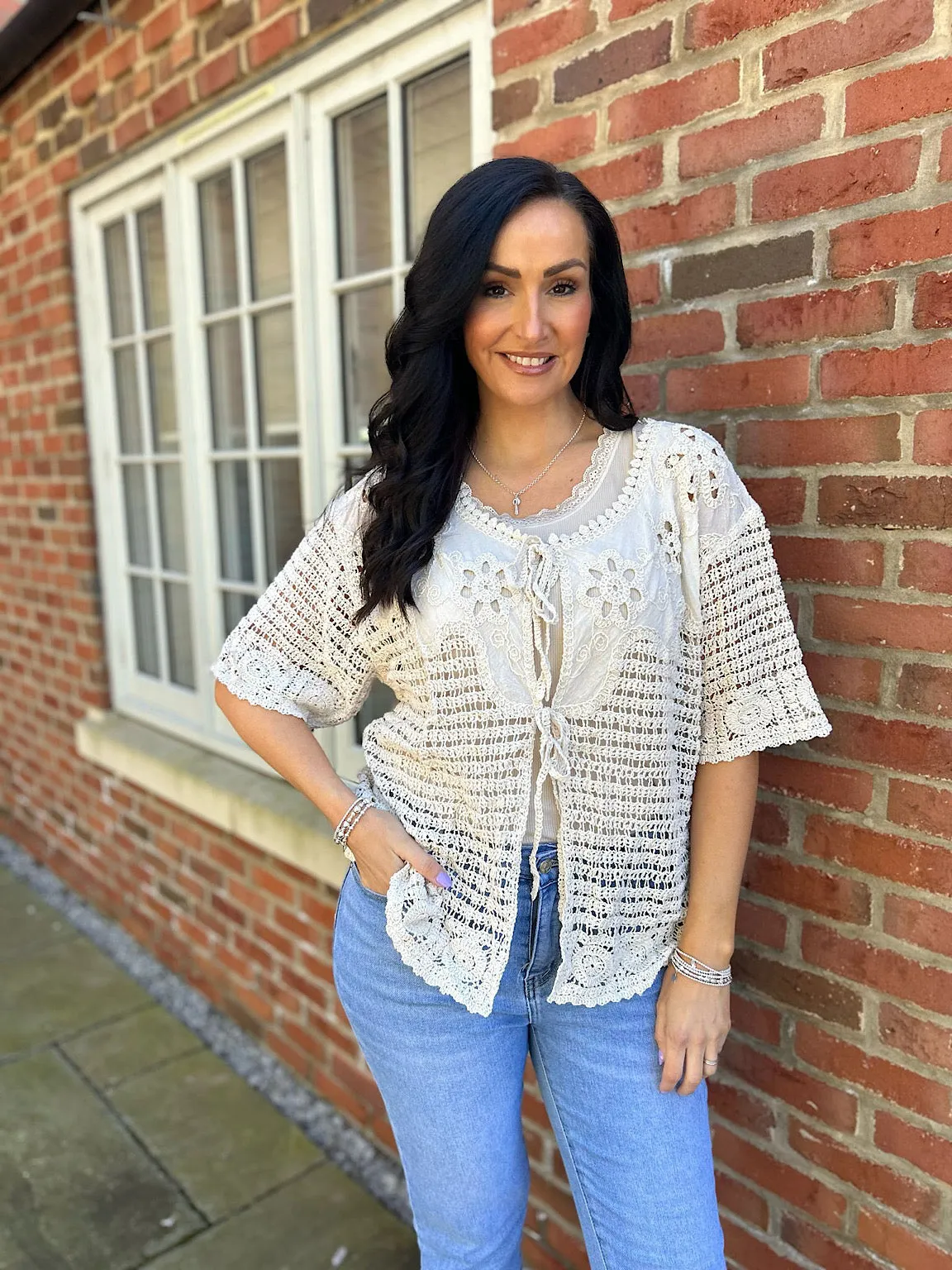 Stone Crochet Tie Front Cardi Tina