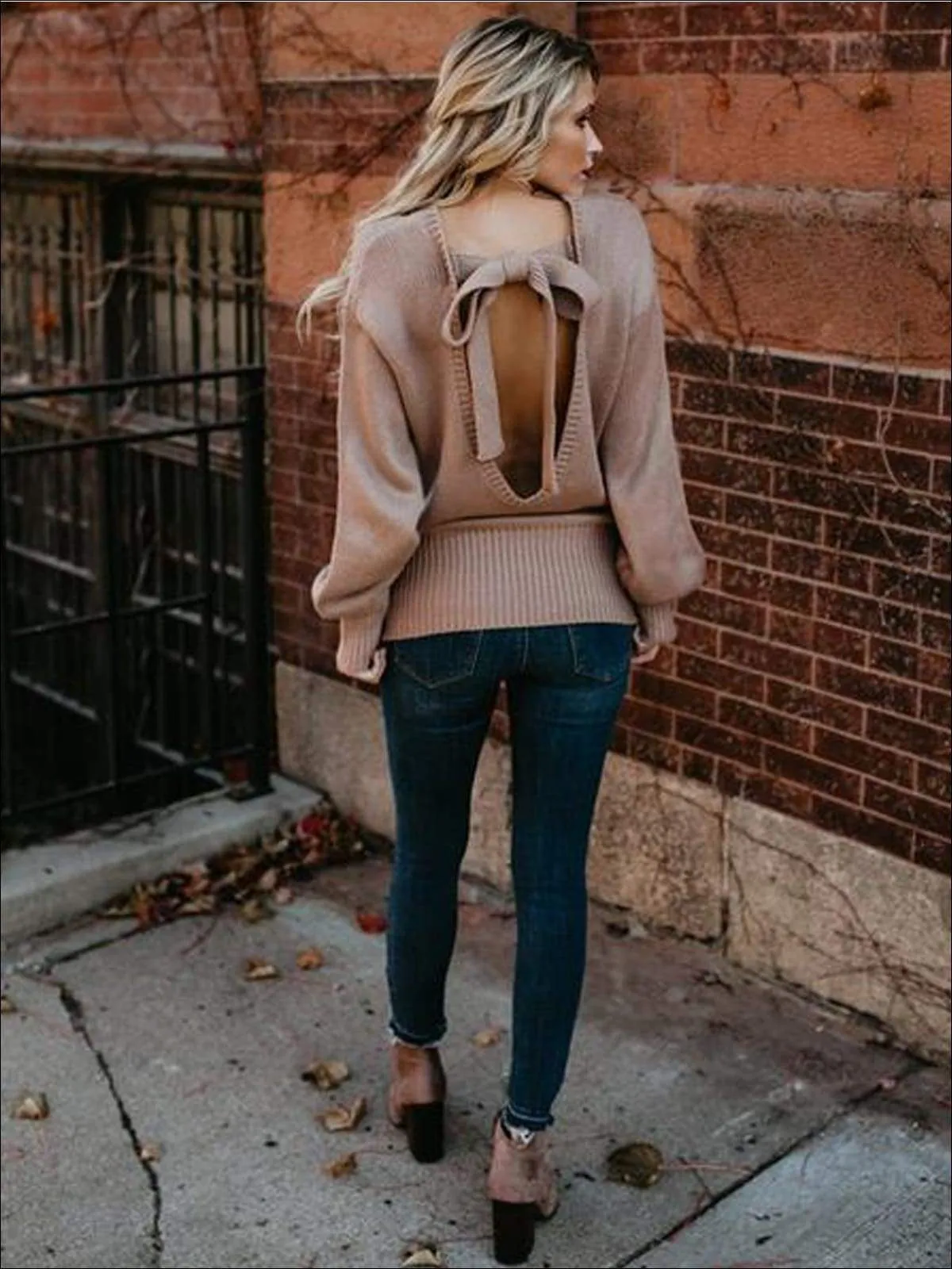 Stunncal Knitted Oversized Sexy Bow Tie  Back Lantern Sleeve Sweater