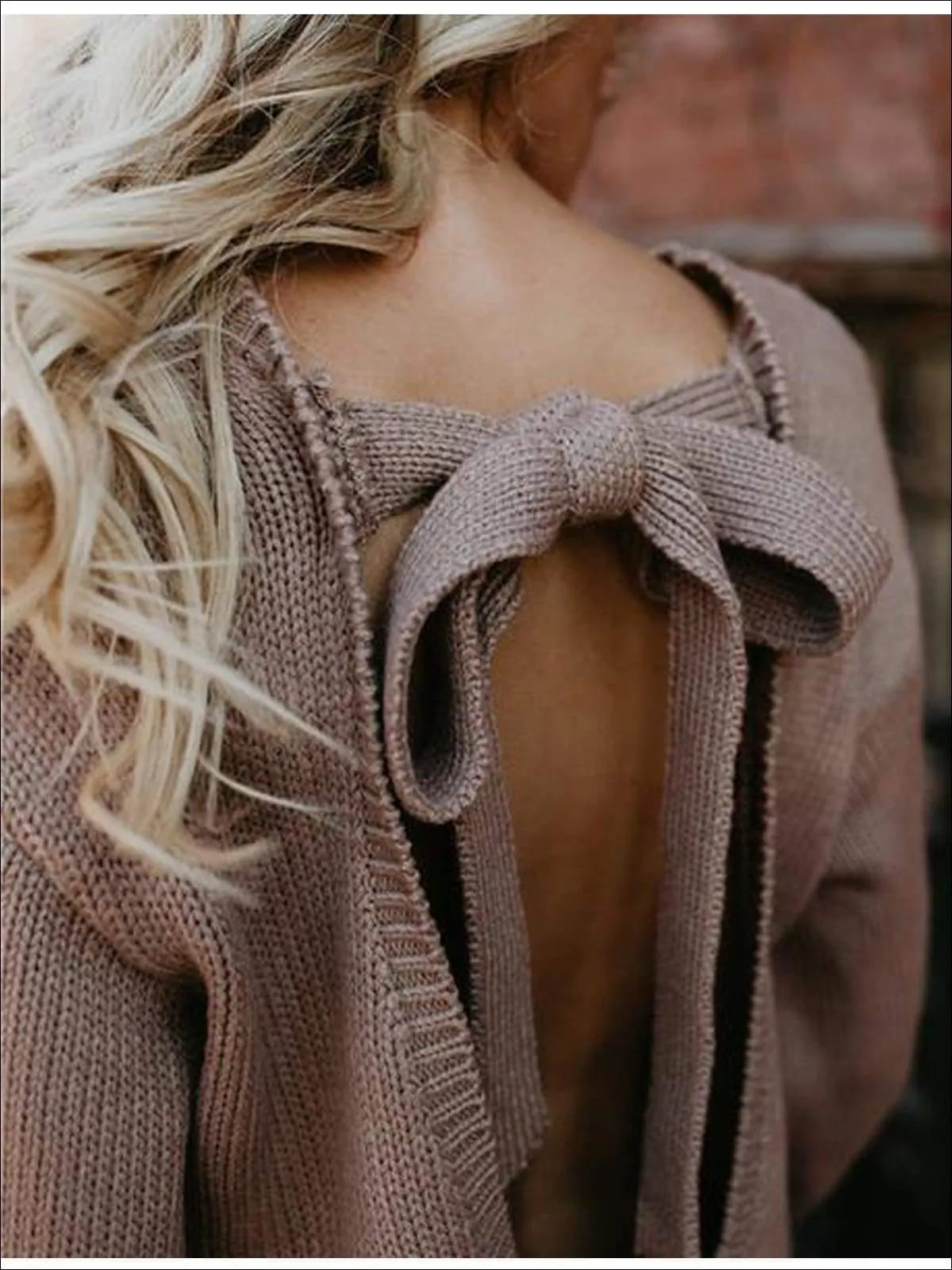Stunncal Knitted Oversized Sexy Bow Tie  Back Lantern Sleeve Sweater
