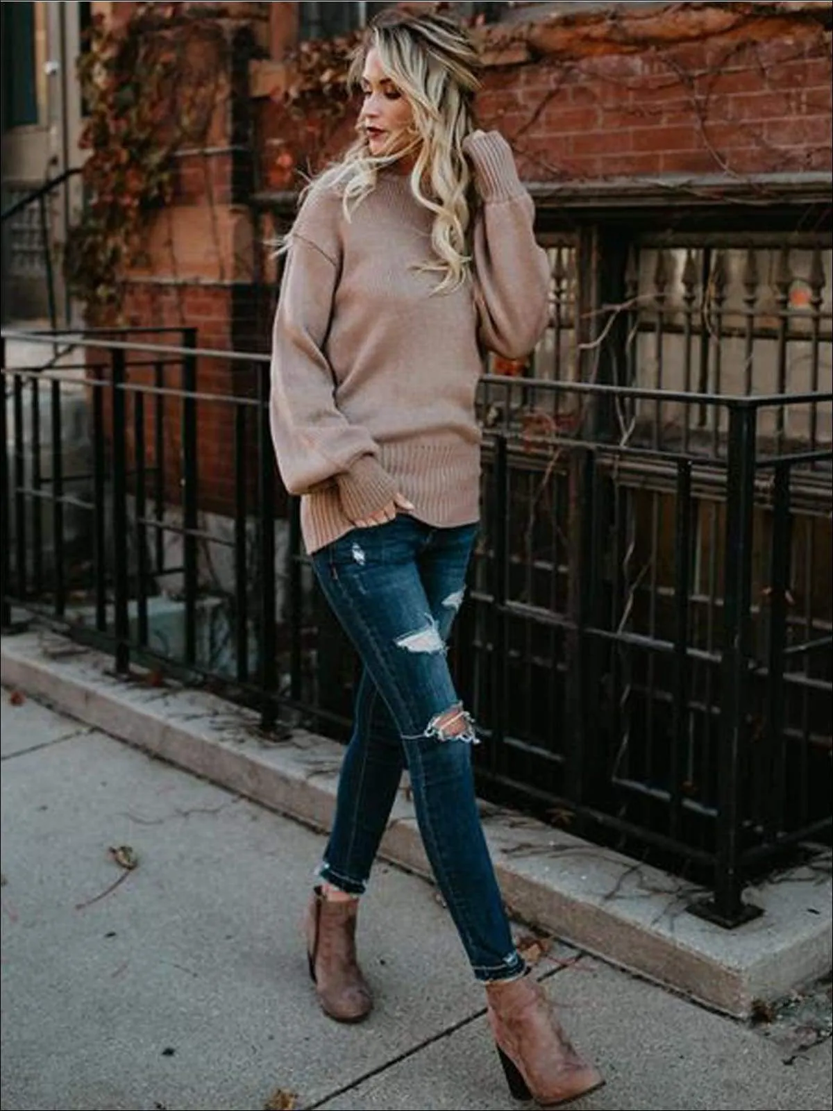 Stunncal Knitted Oversized Sexy Bow Tie  Back Lantern Sleeve Sweater