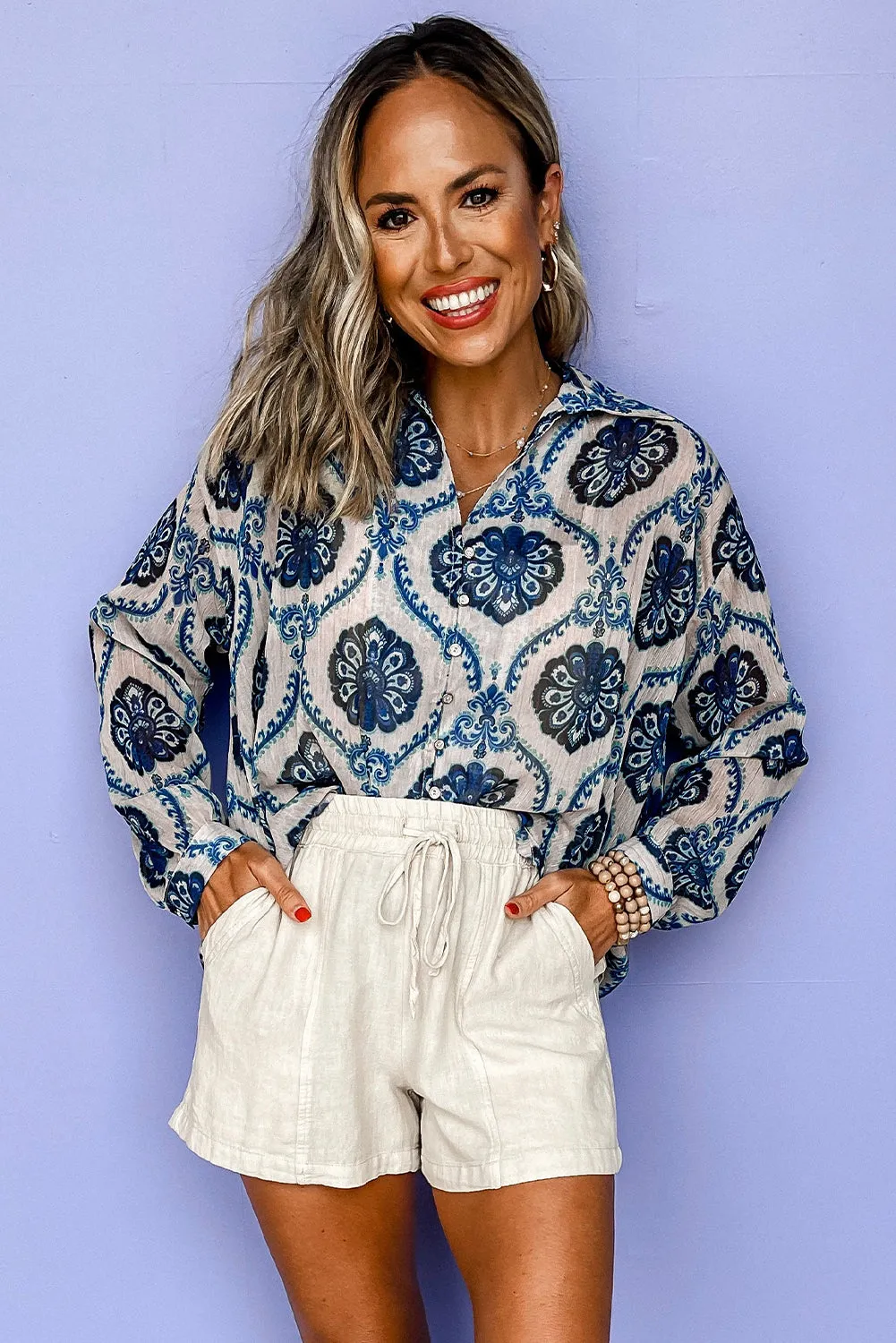 Tribal Pattern Buttoned Front Loose Shirt