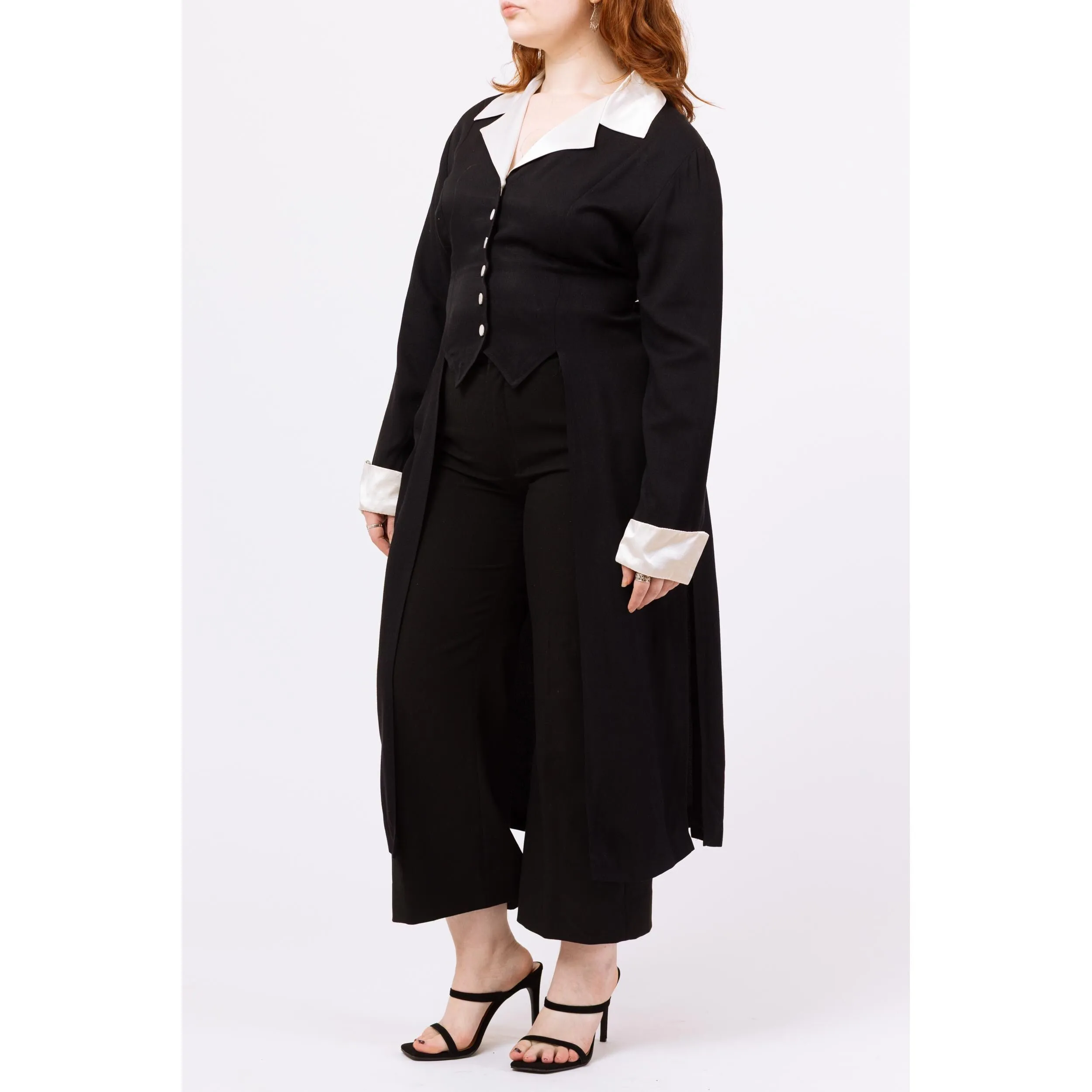 Vintage 80s Black & White Satin Trim Tuxedo Tailcoat Blouse - Medium