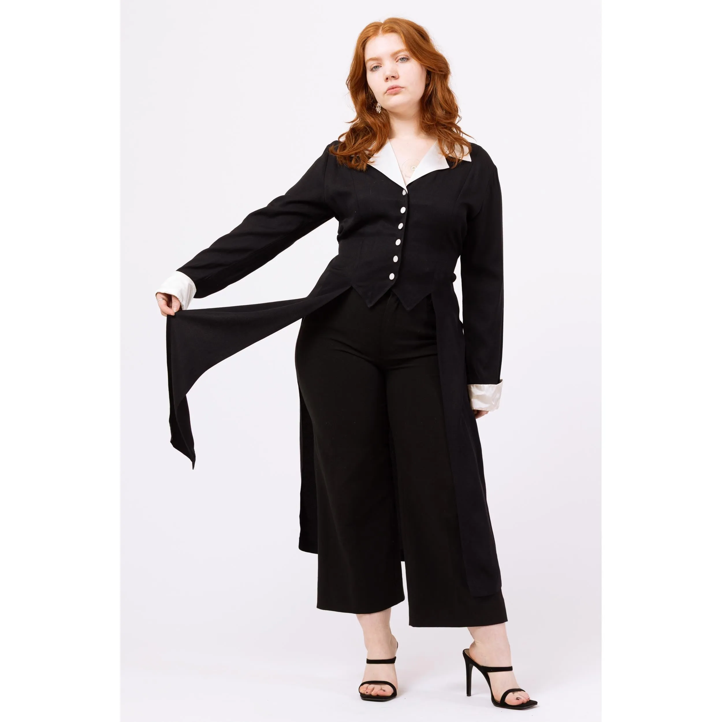 Vintage 80s Black & White Satin Trim Tuxedo Tailcoat Blouse - Medium