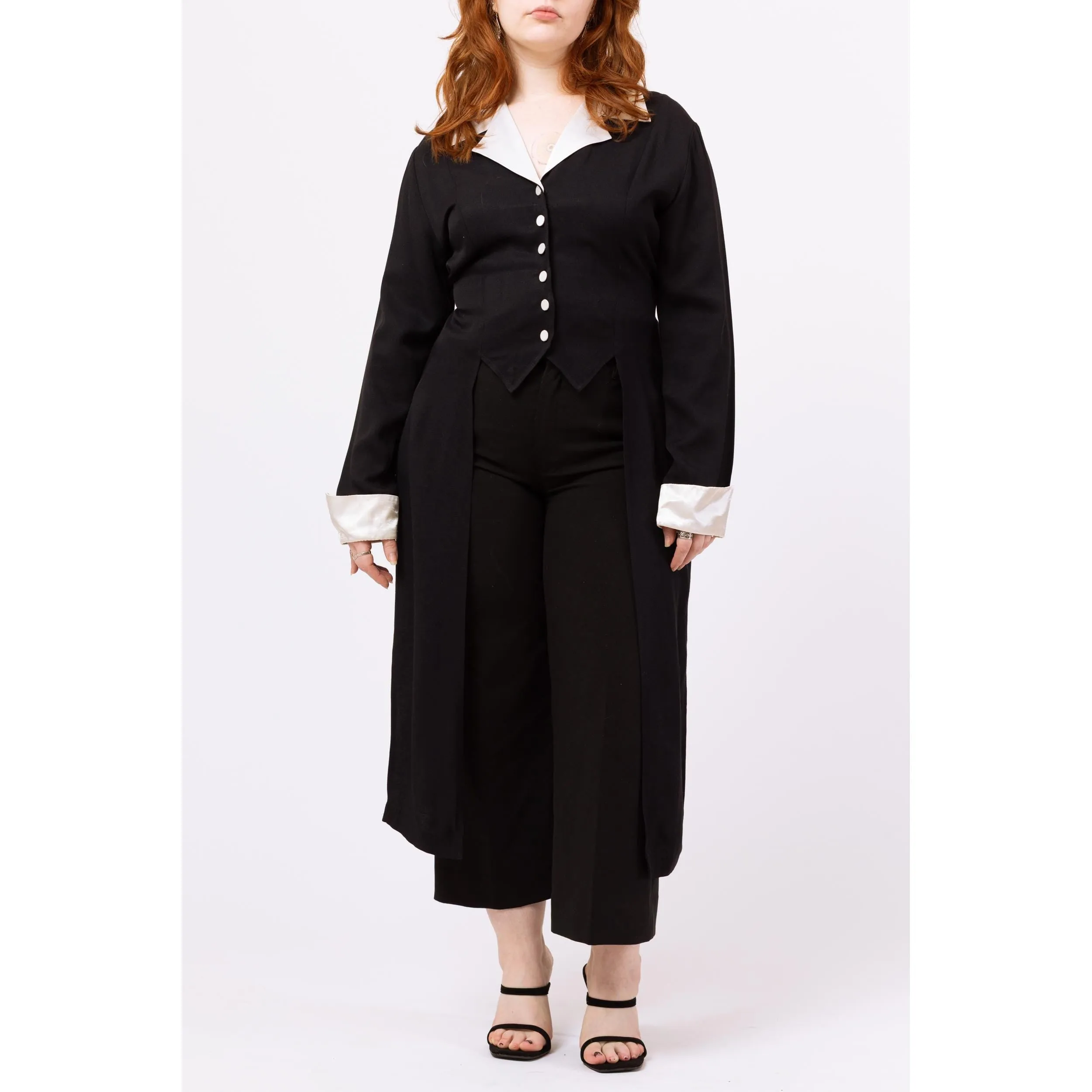 Vintage 80s Black & White Satin Trim Tuxedo Tailcoat Blouse - Medium