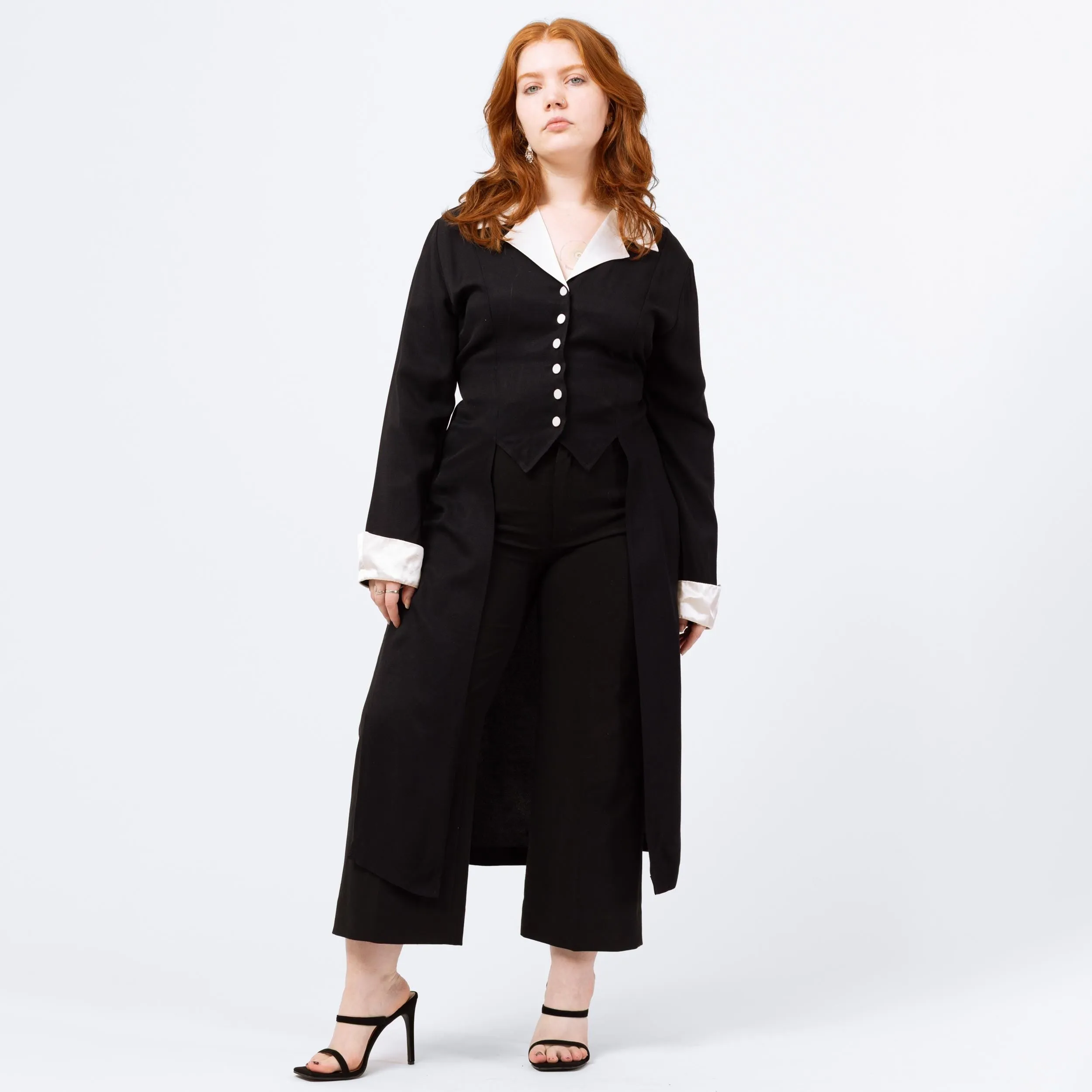 Vintage 80s Black & White Satin Trim Tuxedo Tailcoat Blouse - Medium