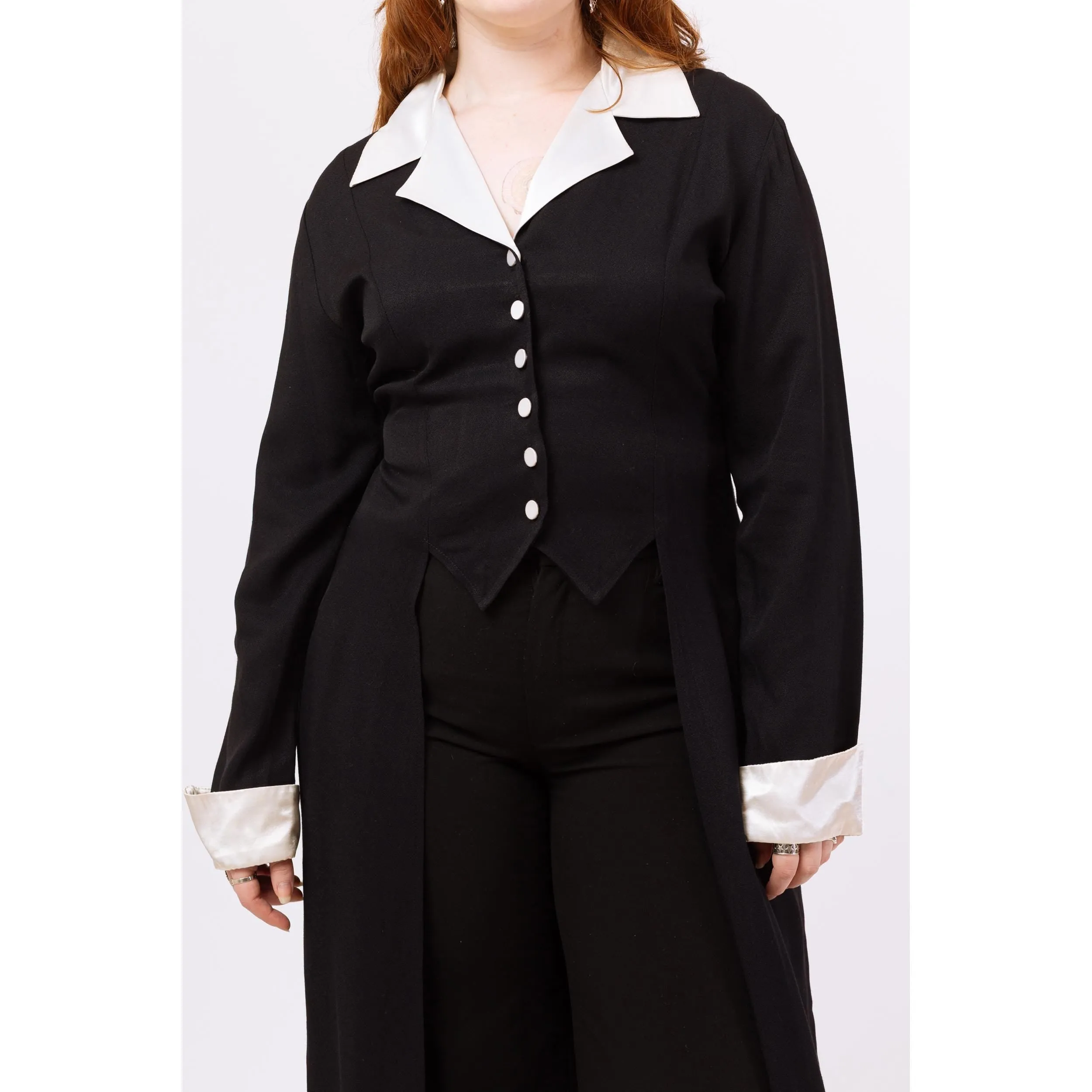 Vintage 80s Black & White Satin Trim Tuxedo Tailcoat Blouse - Medium