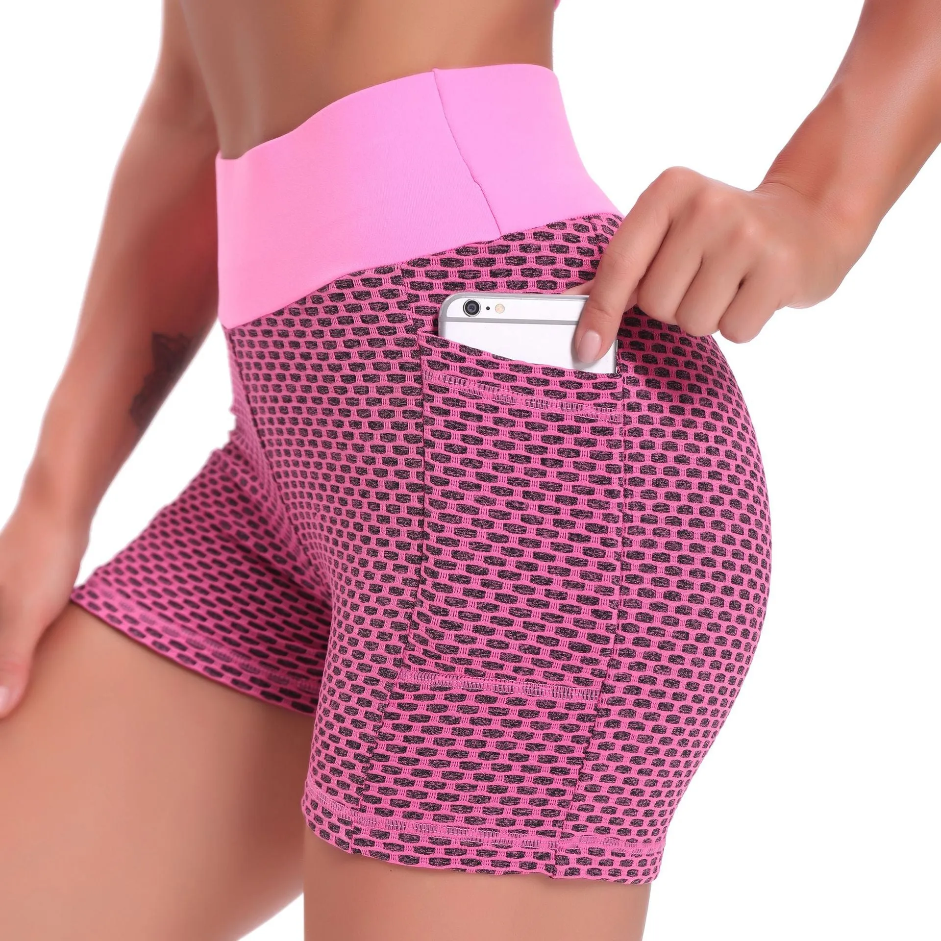 Women Yoga fitness honeycomb pocket high waist sexy hip-lifting breathable shorts