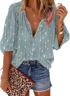 Womens 2024 Fall Fashion Lantern 3/4 Sleeve Retro Boho Floral Prirt Blouse Tops Casual Dressy Button Down Shirts for Women