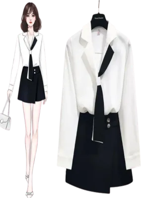 Women's Korean Fashion Elegant Blouse Dress Set: A Chic Two-Piece Professional Suit featuring a Girl White Shirt Top and Midi Skirt