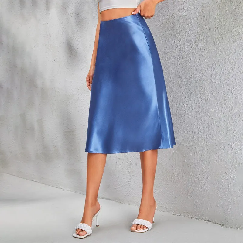 Zipper Side Solid Satin Skirt