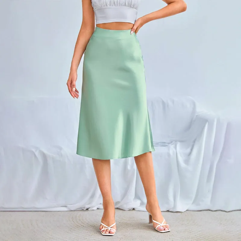 Zipper Side Solid Satin Skirt