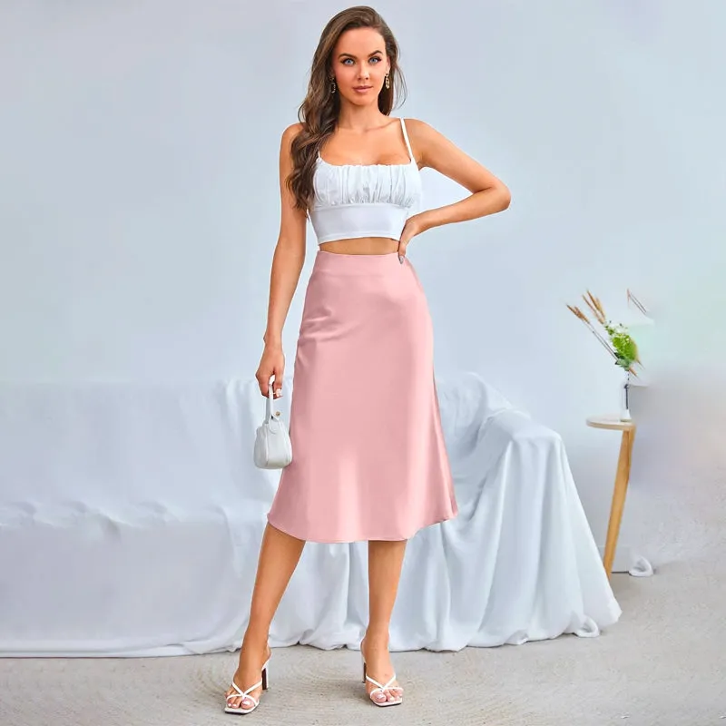 Zipper Side Solid Satin Skirt