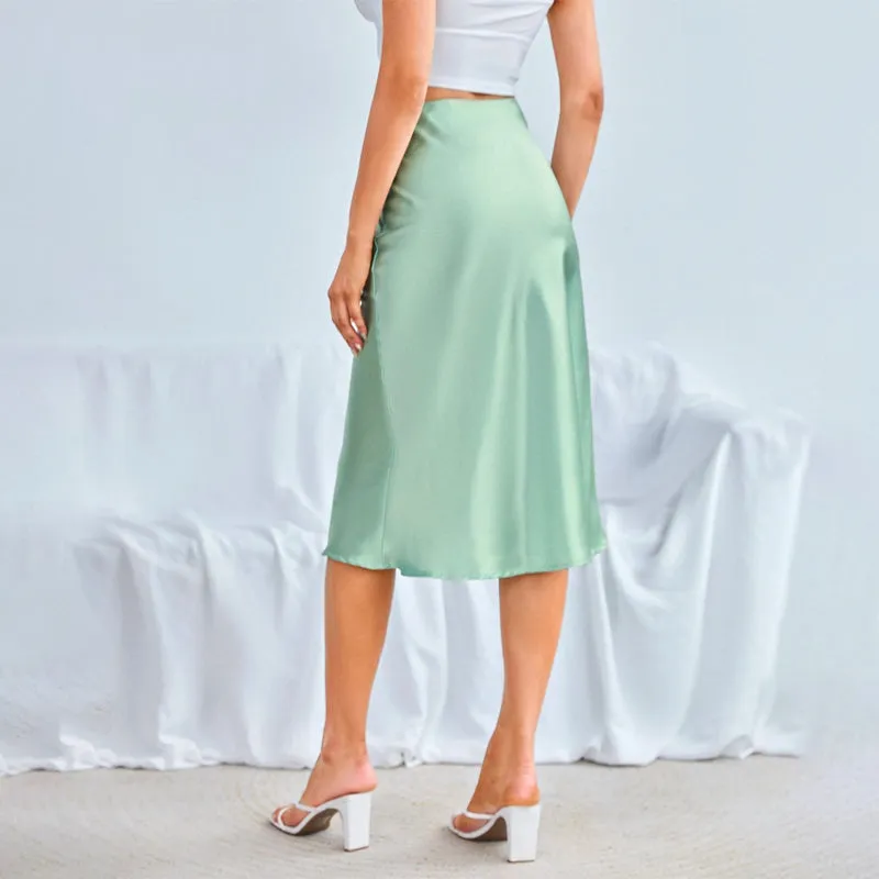 Zipper Side Solid Satin Skirt